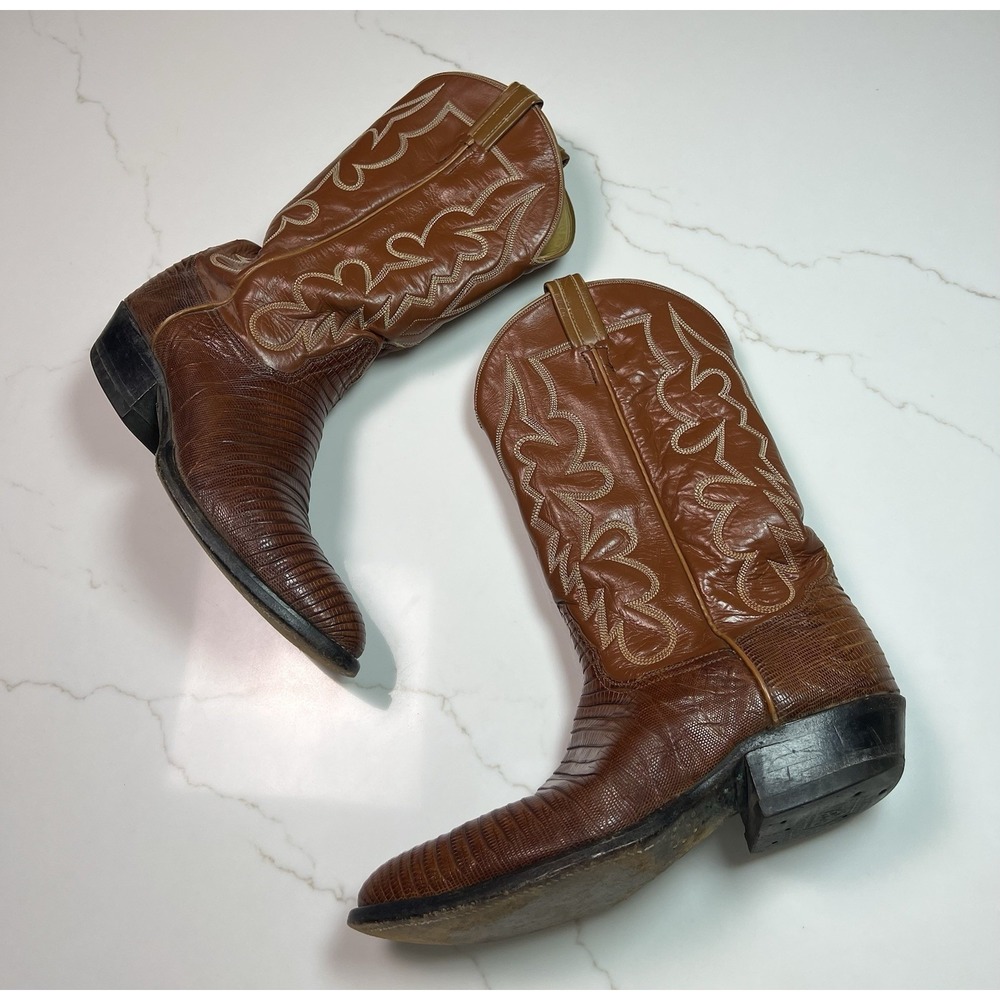 Vintage Tony Lama Boots Mens 10.5D Brown Lizardβ Leather Western Cowboy Rodeo